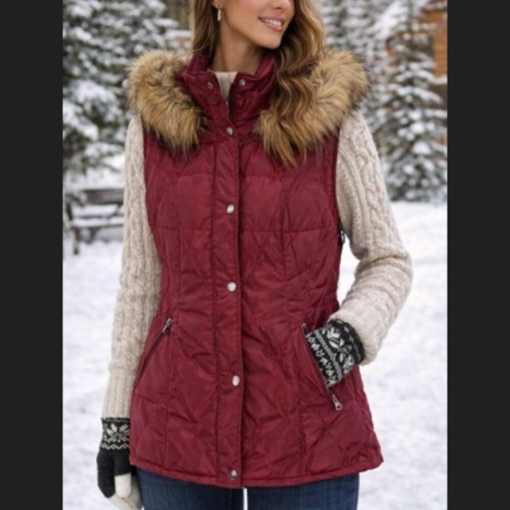 LA Coalition Puffer Vest Womens S Red Quilted Faux Fur Hooded Winter Full Zip